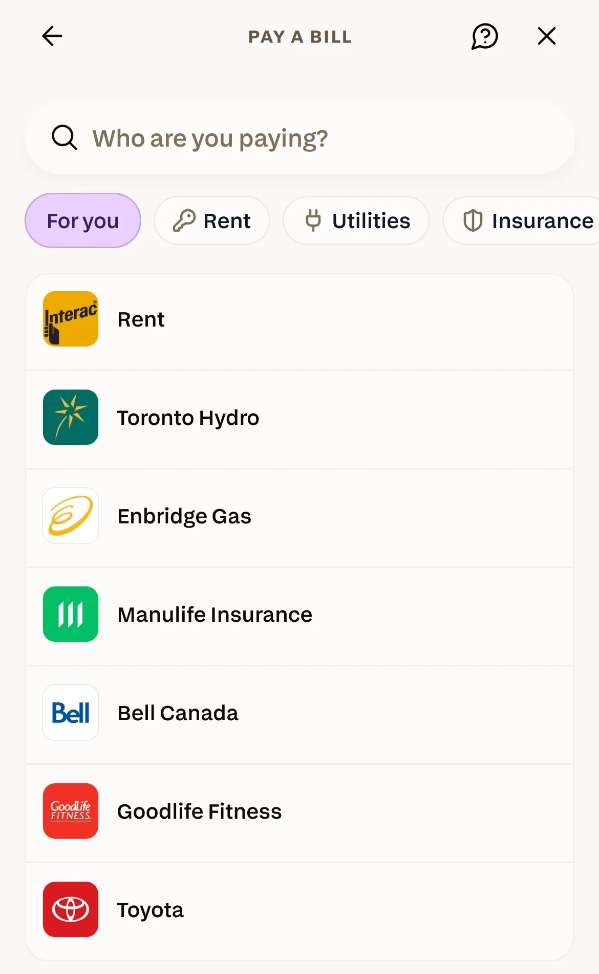 Chexy app ‘Pay a bill’ screen, with Rent at the top of the payee list