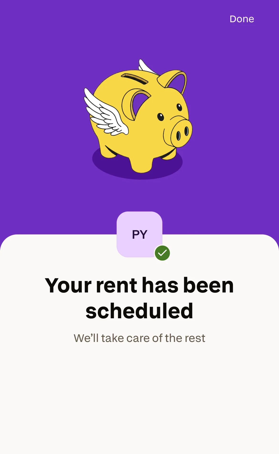 Chexy app confirmation screen: ‘Your rent has been scheduled’