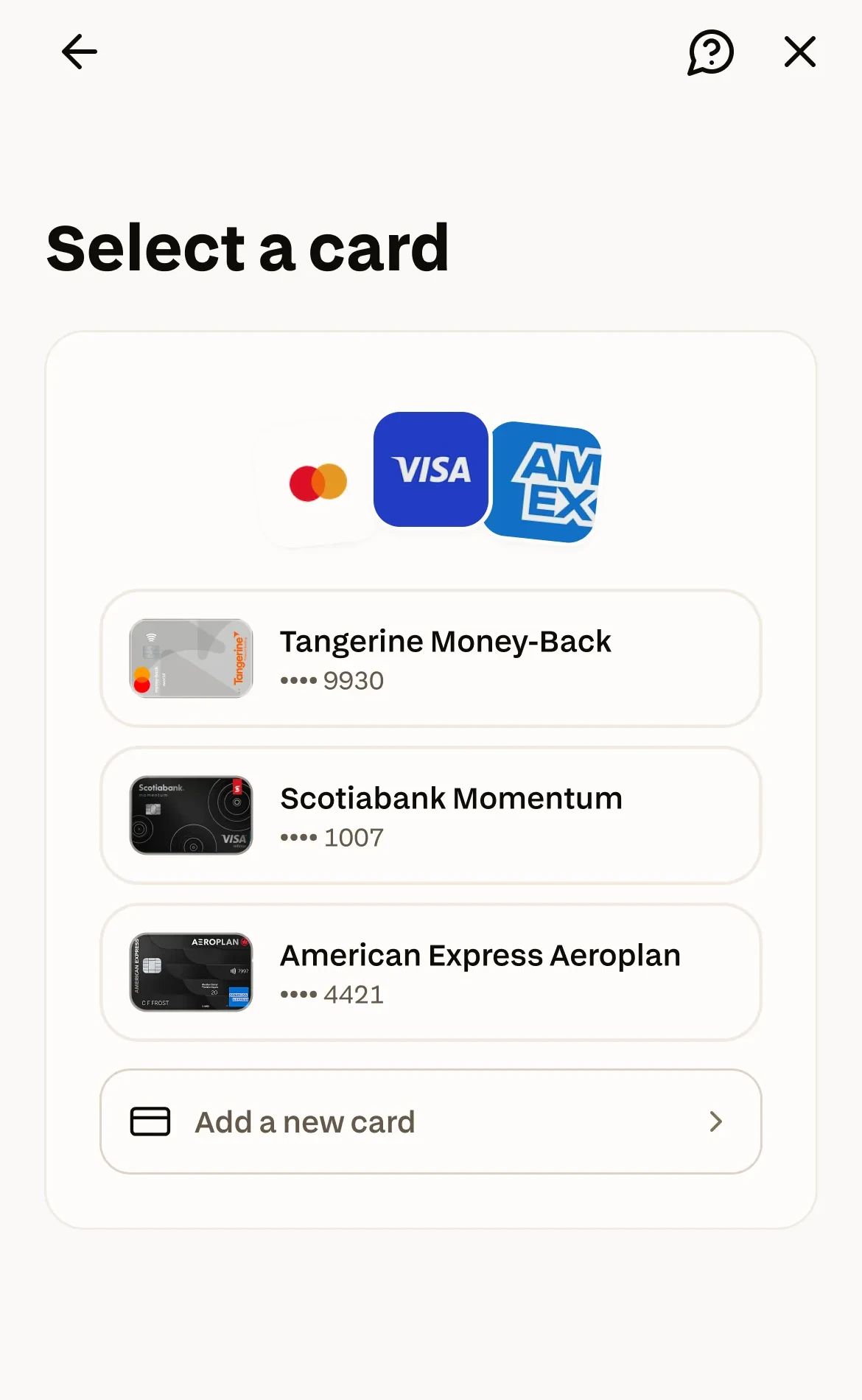 Chexy app ‘Select a card’ screen showing saved Mastercard, Visa and American Express cards