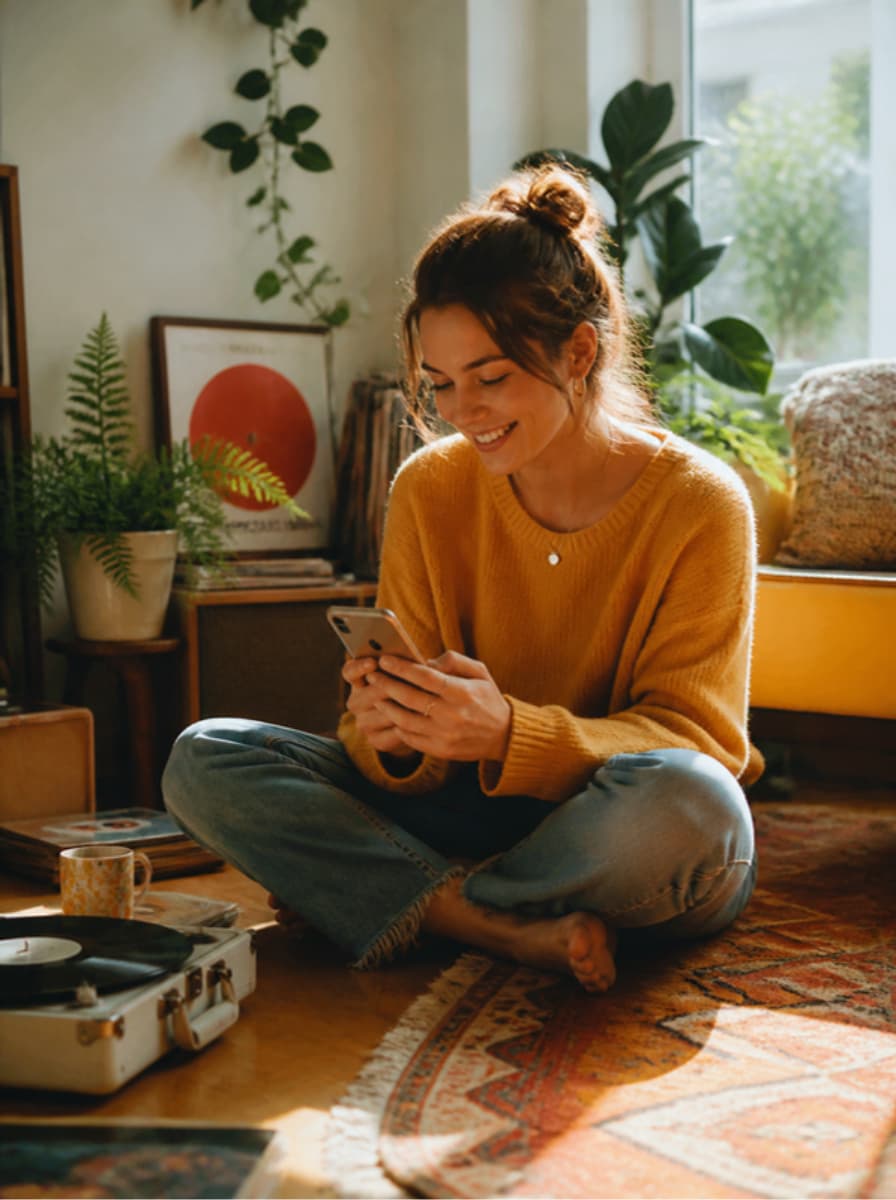 A young woman smiling at her phone on the floor of a sunny living room