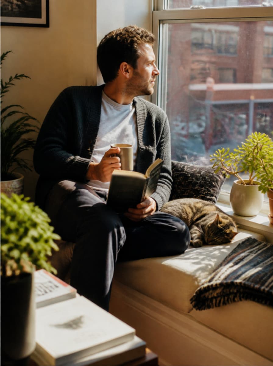 A young man reading with a coffee on a sunny window seat next to his cat
