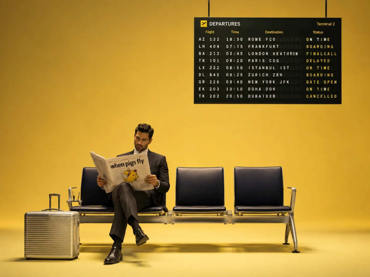 A businessman reading a newspaper in a golden airport lounge under a departures board
