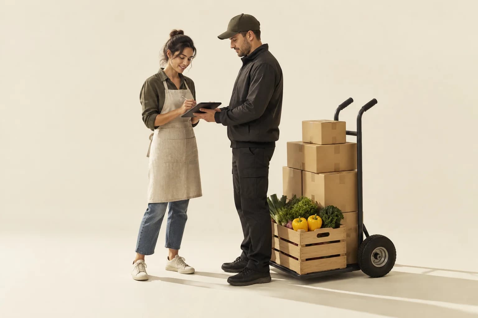 A café owner signing for a delivery of boxes and fresh produce on a courier’s tablet