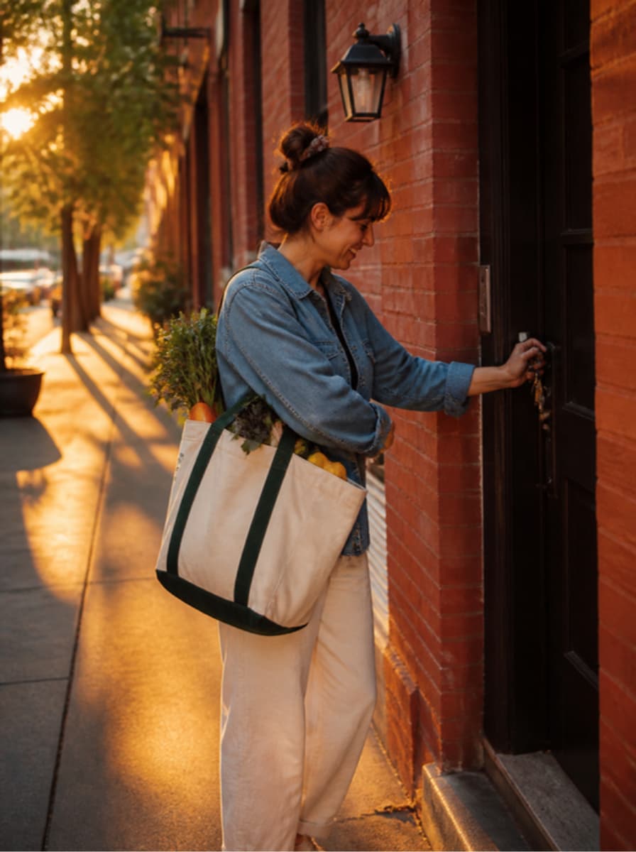 A young woman with a tote of groceries unlocking the door of her brick apartment building