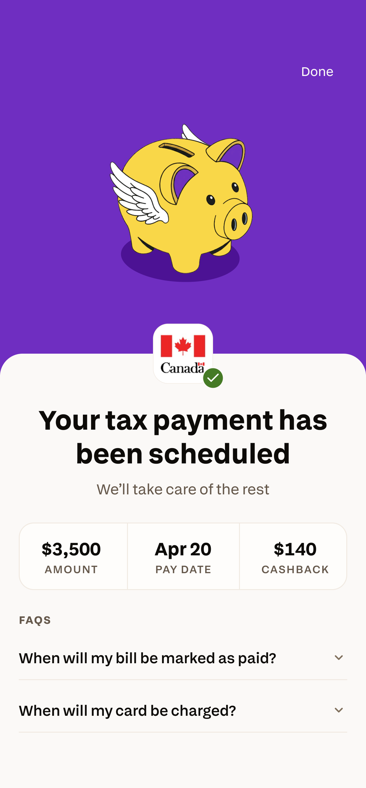 Chexy app: your tax payments have been scheduled