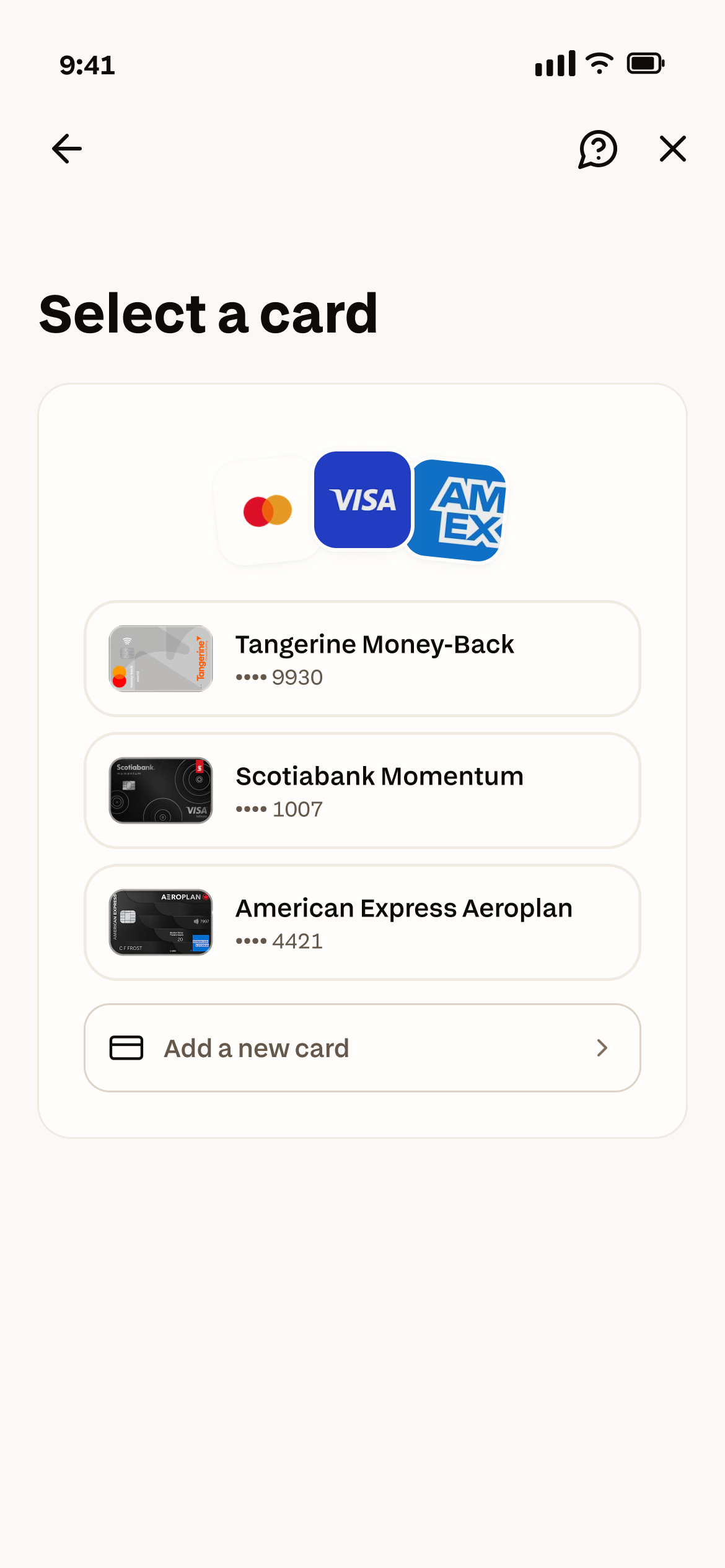 Chexy app: select a card to pay with