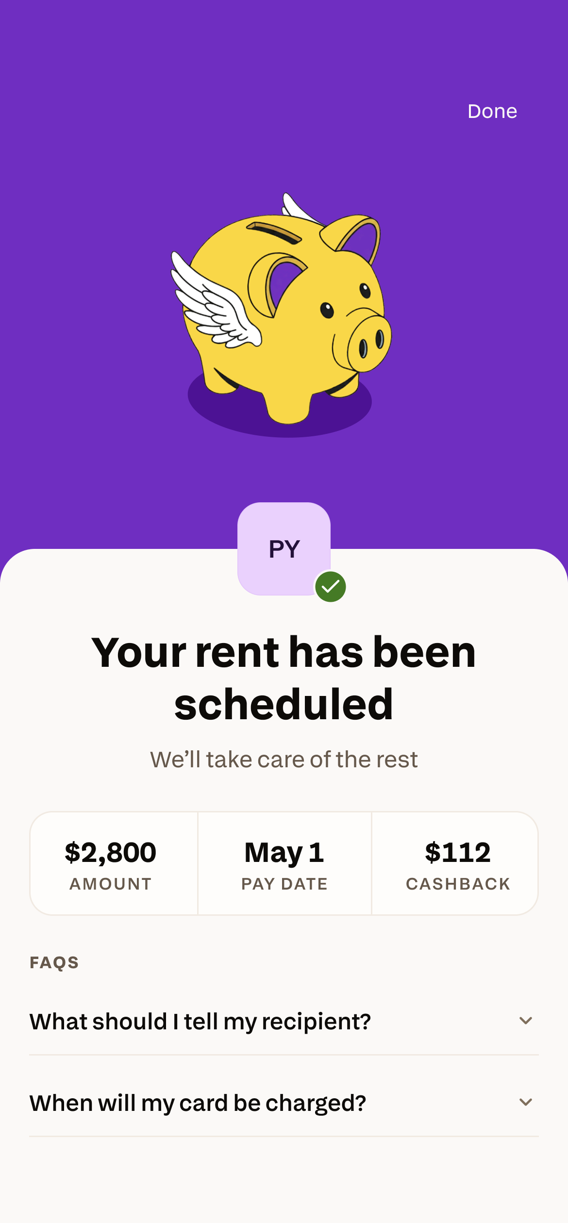 Chexy app: your rent has been scheduled