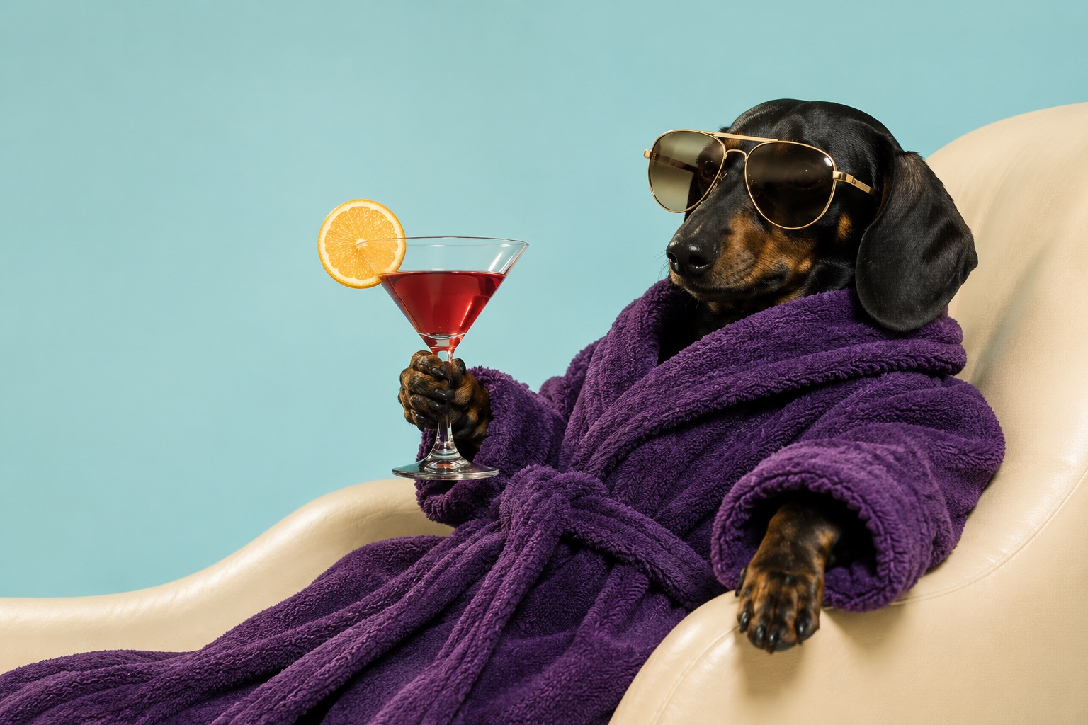 A dachshund in a purple robe and sunglasses holding a cocktail