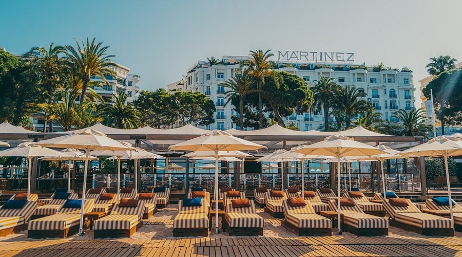 Poolside cabanas at Hotel Martinez on the French Riviera