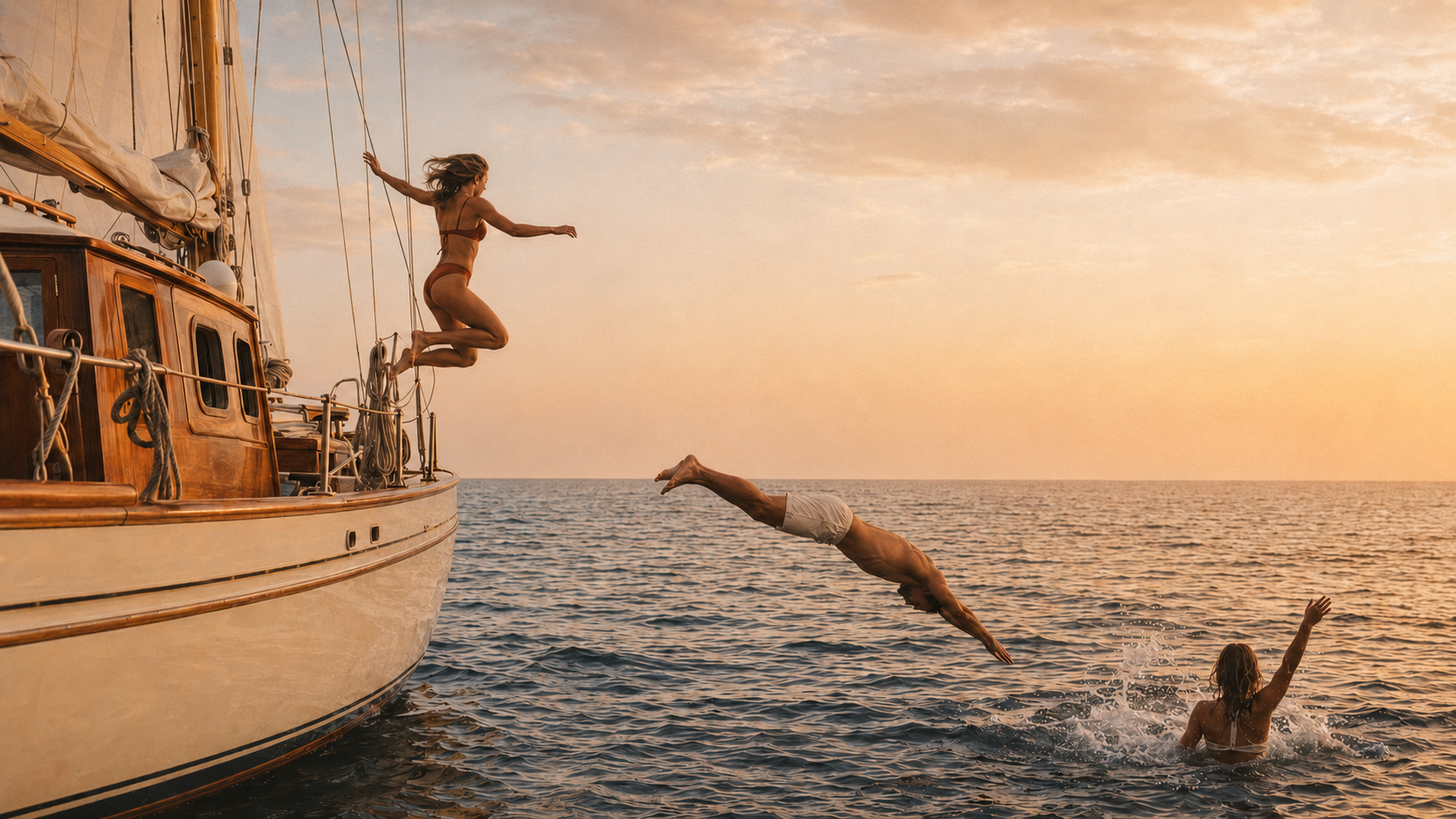 Friends jumping off a sailboat into the sea at golden hour