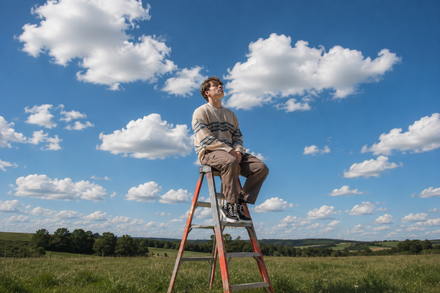 Person sitting atop a ladder in an open field under a bright blue sky