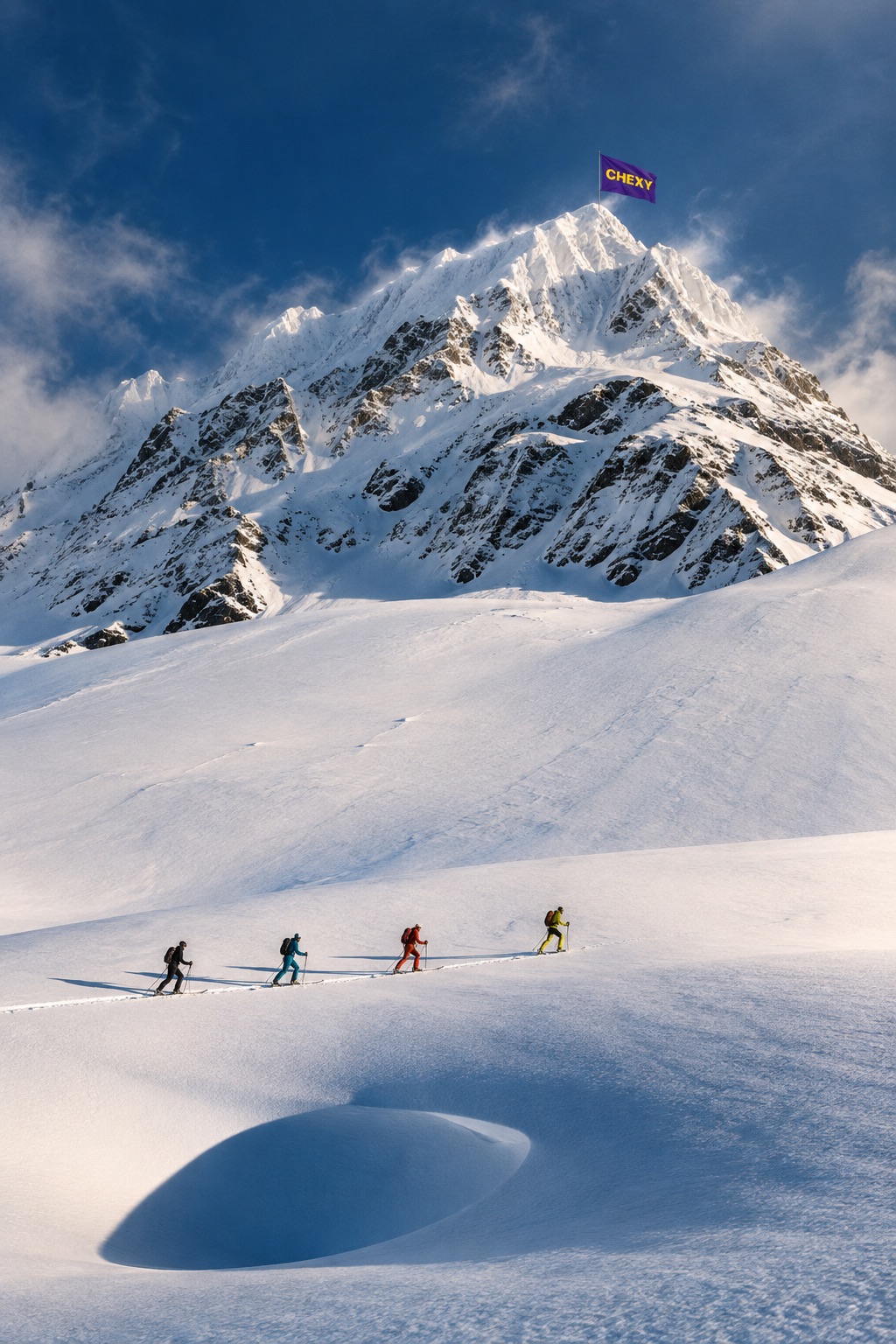 Ski tourers climbing toward a summit flying a Chexy flag